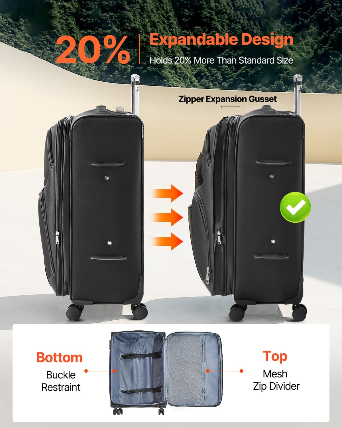 VEVOR 71 cm Expandable Softside Checked Luggage with Spinner Wheels, TSA Lock, Lightweight Suitcase, Black - Зображення 2