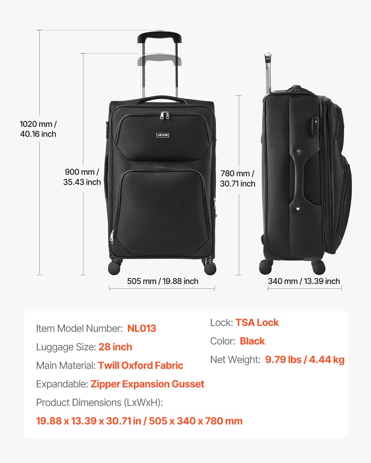 VEVOR 71 cm Expandable Softside Checked Luggage with Spinner Wheels, TSA Lock, Lightweight Suitcase, Black - Зображення 7
