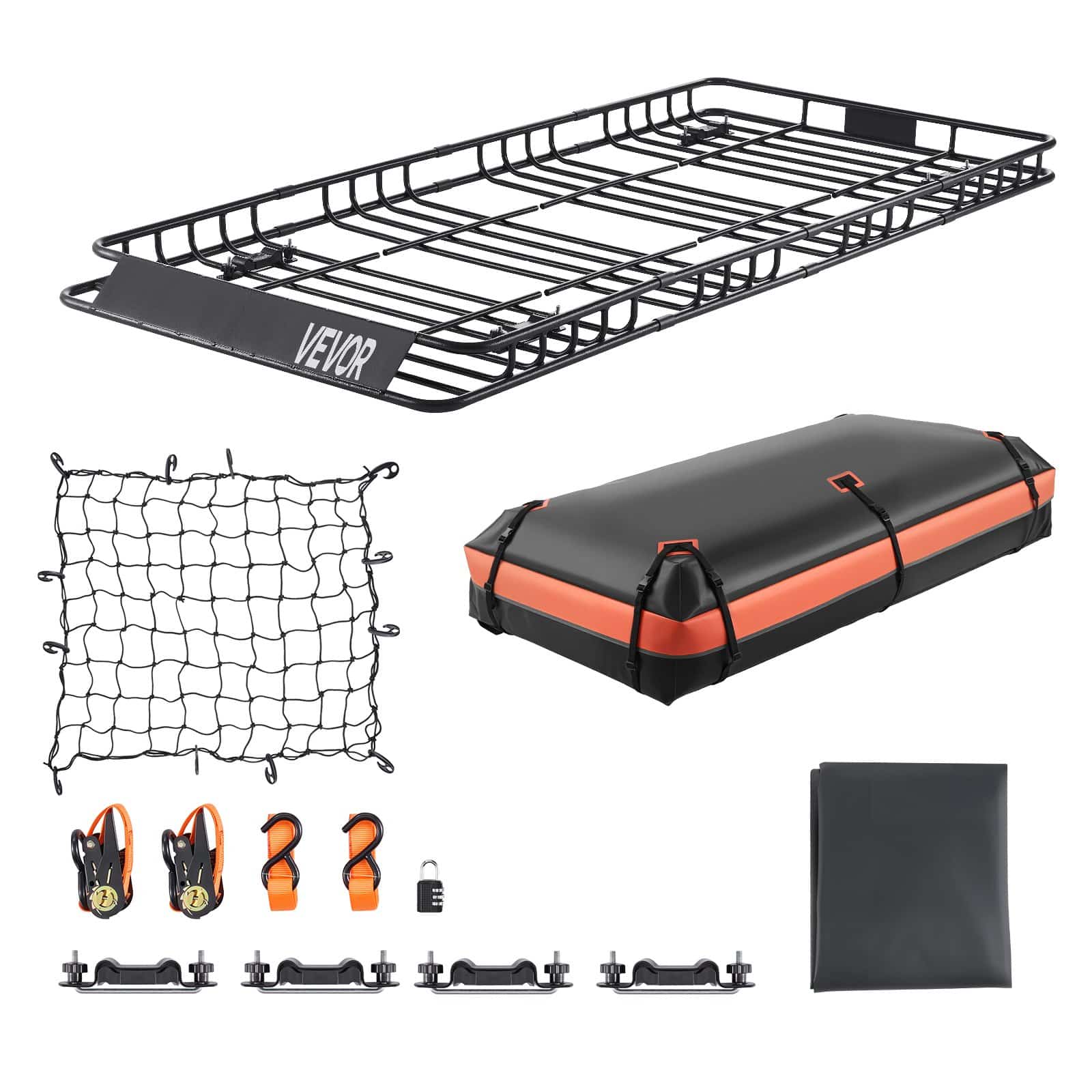 VEVOR Universal Roof Rack Basket 213x99x10.4 cm with Waterproof Cargo Bag, Net, Straps, 113 kg Load, for SUV/Car/Truck