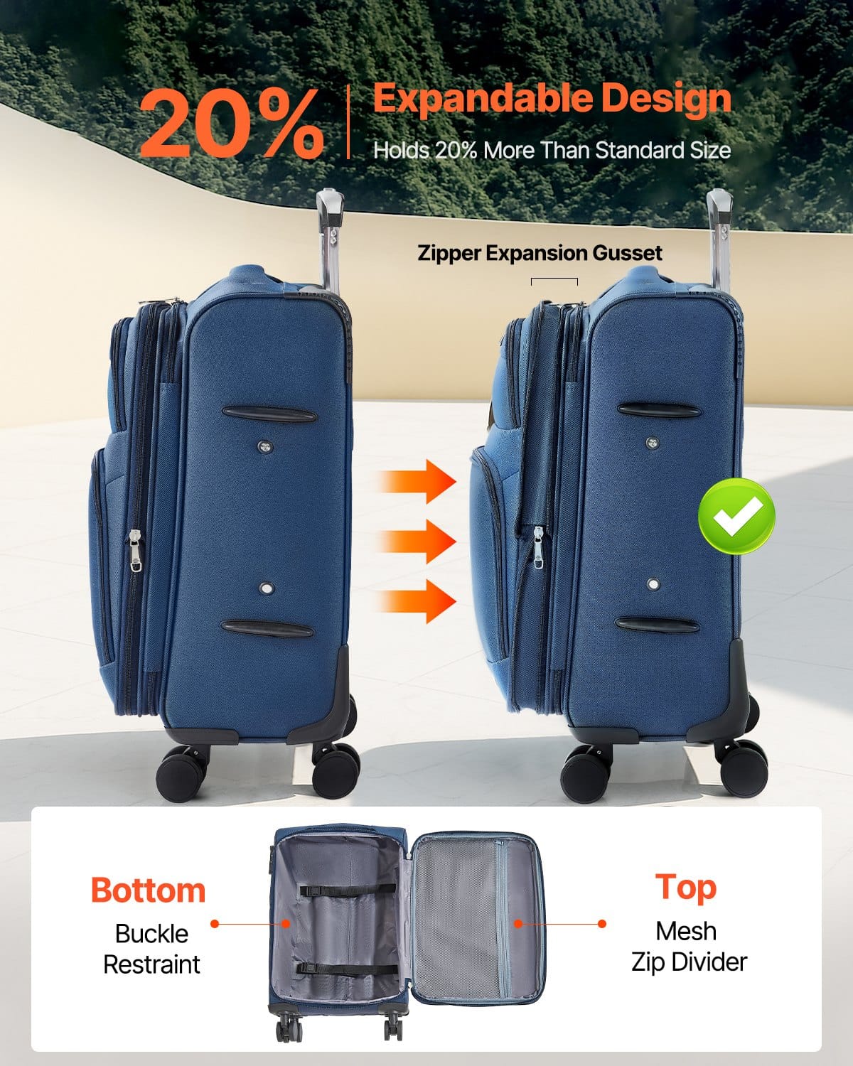 VEVOR 50.8 cm Expandable Softside Spinner Luggage with TSA Lock, Lightweight Carry-On Suitcase, Blue - Зображення 2