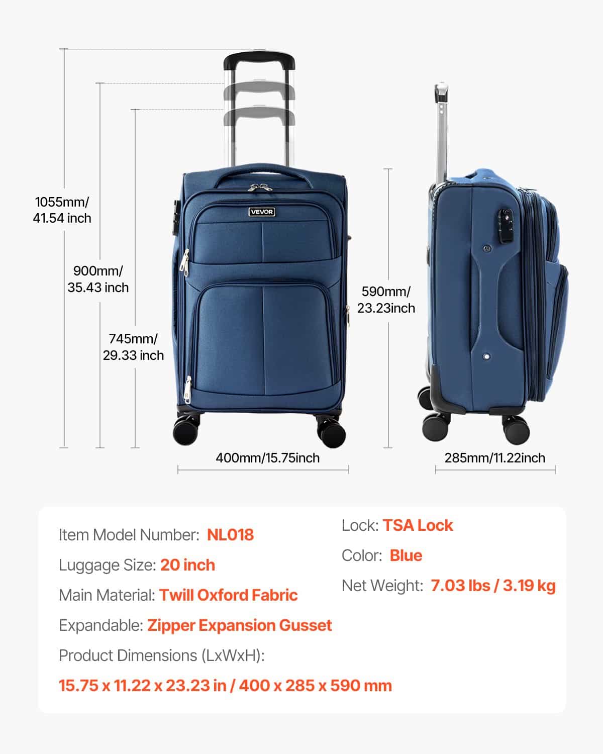 VEVOR 50.8 cm Expandable Softside Spinner Luggage with TSA Lock, Lightweight Carry-On Suitcase, Blue - Зображення 7