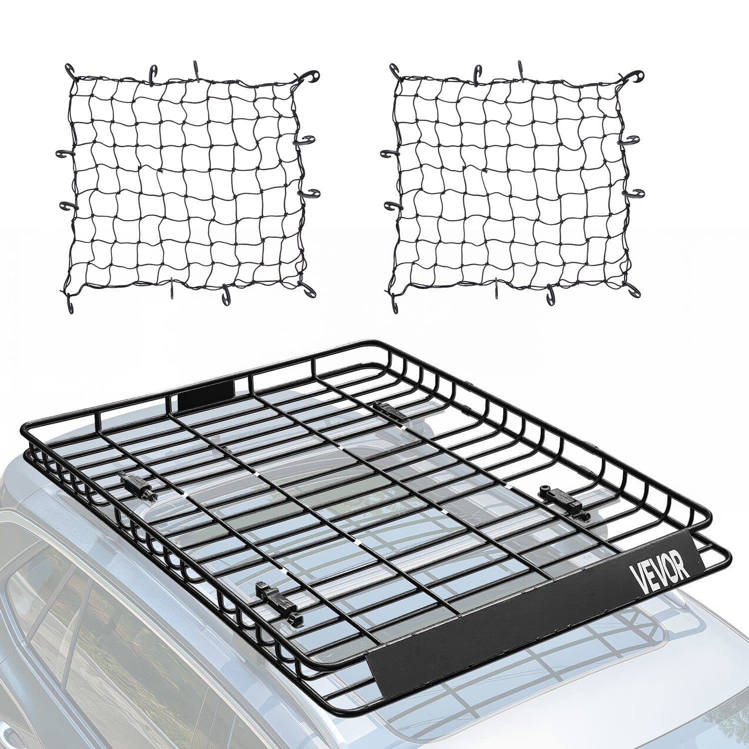 VEVOR Universal Roof Rack Basket 163x127x10.4 cm, Alloy Steel Car Top Carrier with 2 Cargo Nets, 68 kg Load, for SUV/Truck