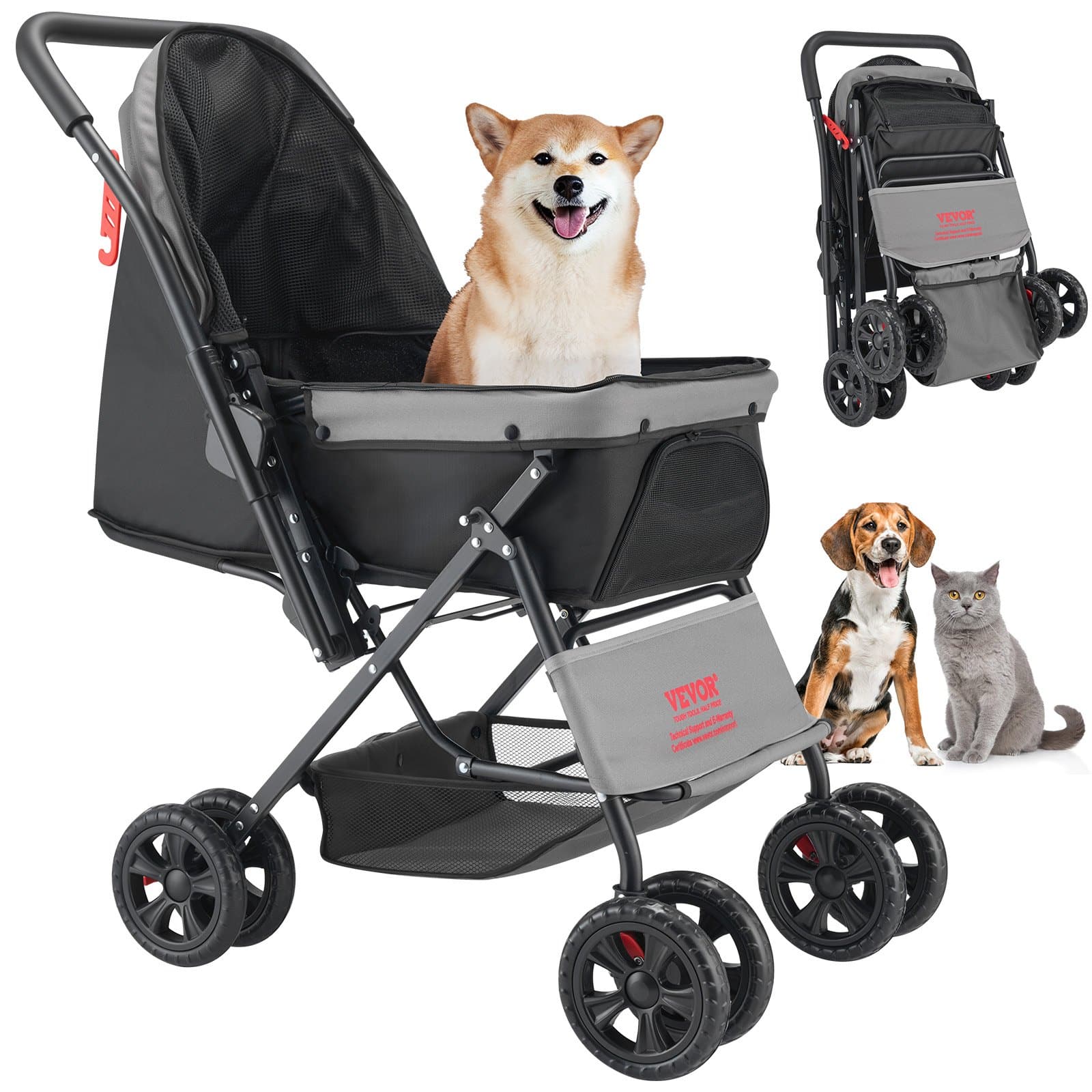 VEVOR Foldable Pet Stroller with Mesh Windows & Reversible Handle, 20kg Capacity, 4-Wheel Carrier for Small to Medium Pets
