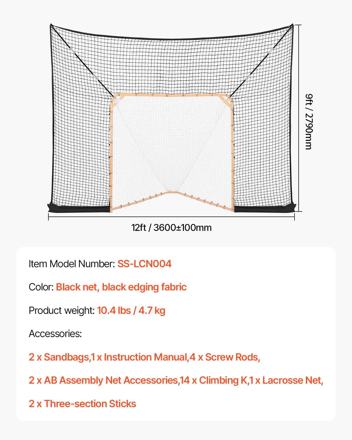 VEVOR 3.66x2.74m Lacrosse Backstop Net for 6x6ft Goals – Durable UV-Treated Net with Quick Setup, for Youth & Adults (Net Only) - Pilt 7