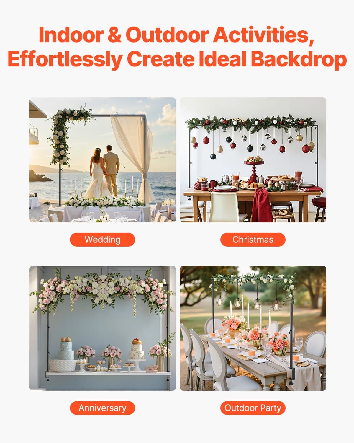 VEVOR Adjustable Table Arch Stand with Clamps, 33–107 cm Tall & 71–249 cm Long, 2-Pack Balloon Frame for Events, Black - Зображення 5