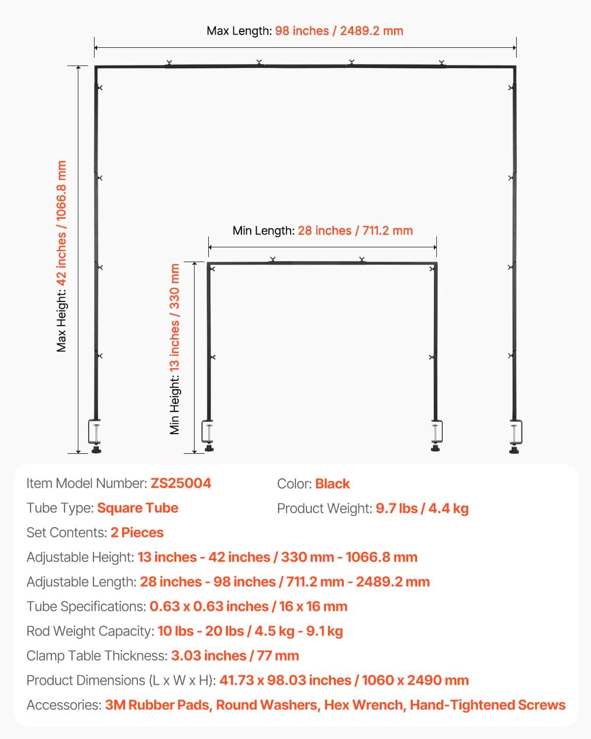 VEVOR Adjustable Table Arch Stand with Clamps, 33–107 cm Tall & 71–249 cm Long, 2-Pack Balloon Frame for Events, Black - Зображення 7