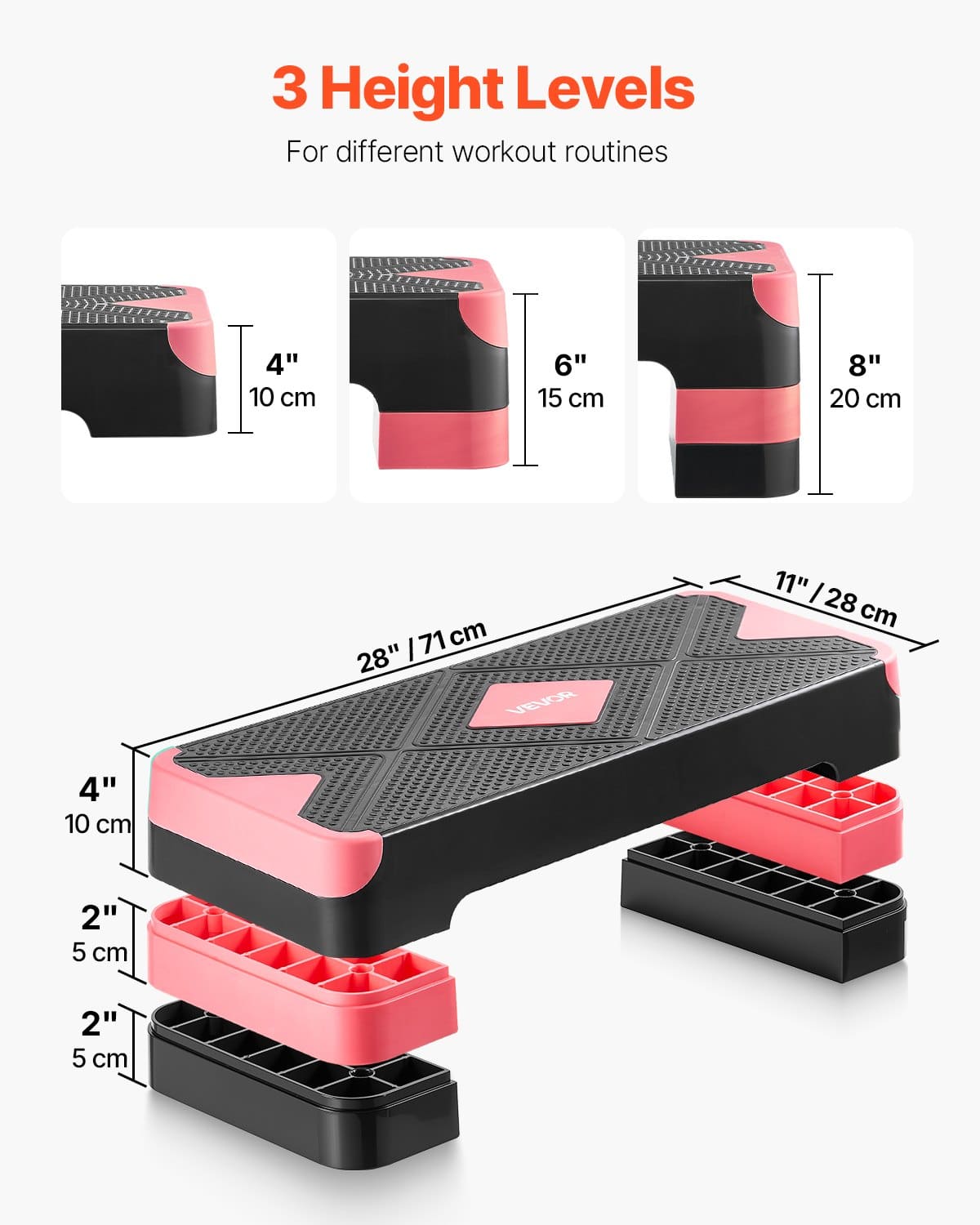 VEVOR Aerobic Step Platform 71cm, Adjustable 10-20cm, Non-Slip Fitness Stepper with 4 Risers for Home Gym, Red — attēls 4