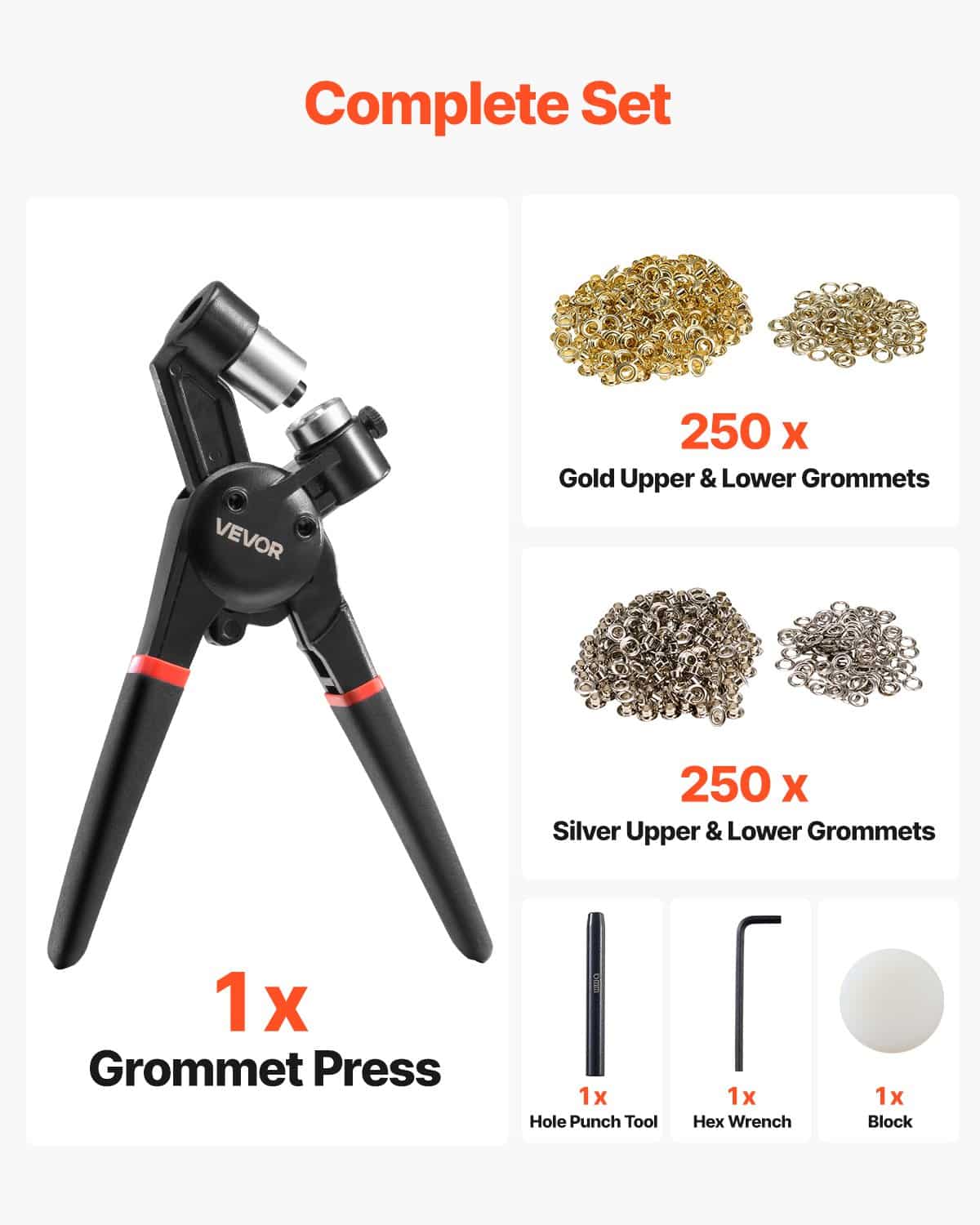 VEVOR Grommet Tool Kit with 500 Pcs 6 mm Metal Eyelets in Gold & Silver, Hole Punch, Manual Press Pliers for Leather & Fabric - Зображення 3