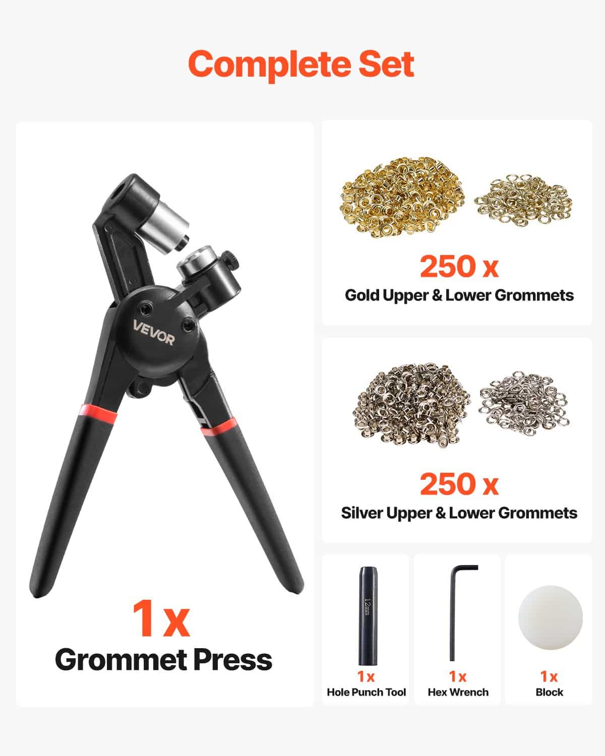 VEVOR Grommet Tool Kit with 500pcs 12mm Metal Eyelets in Gold & Silver, Press Pliers, Punch & Block for Fabric, Leather, Crafts - Зображення 3
