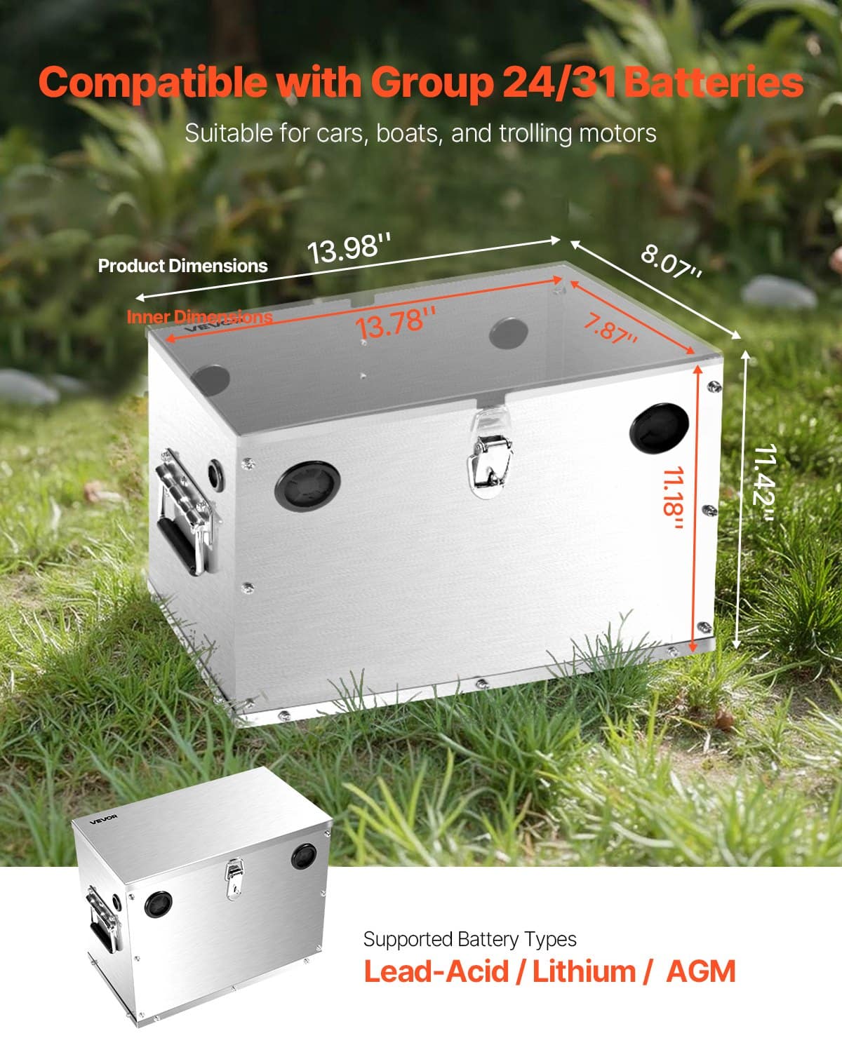 VEVOR Stainless Steel Battery Box for Group 24/31, Lockable Marine Case for 12V/24V/36V, Cars, Boats, RVs, Trolling Motors - Зображення 2