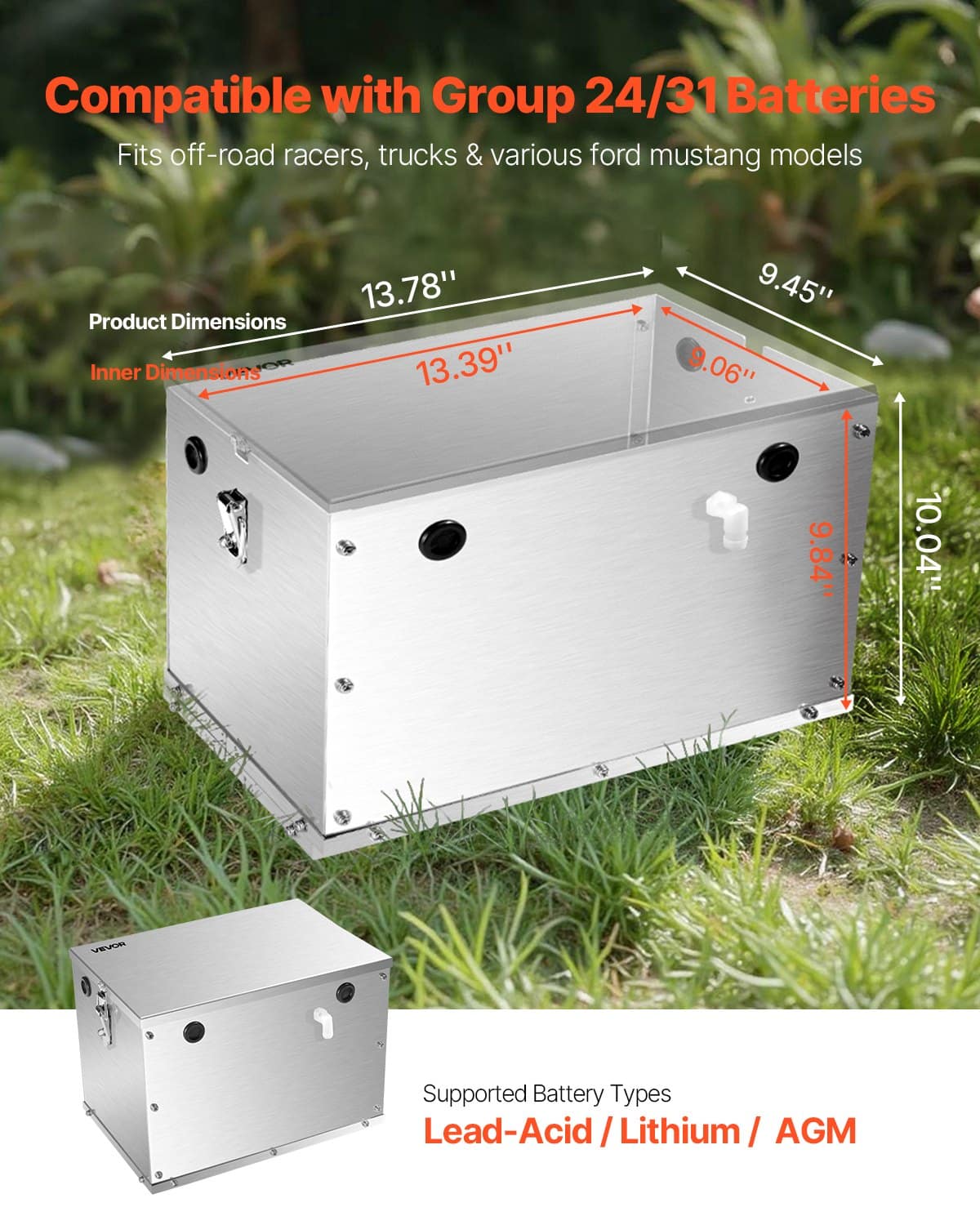 VEVOR Aluminum Battery Box for Group 24/31, 12V-36V Marine & Off-Road Use, Cable Holes, Secure Mounting, for Trucks & Camping - Зображення 2