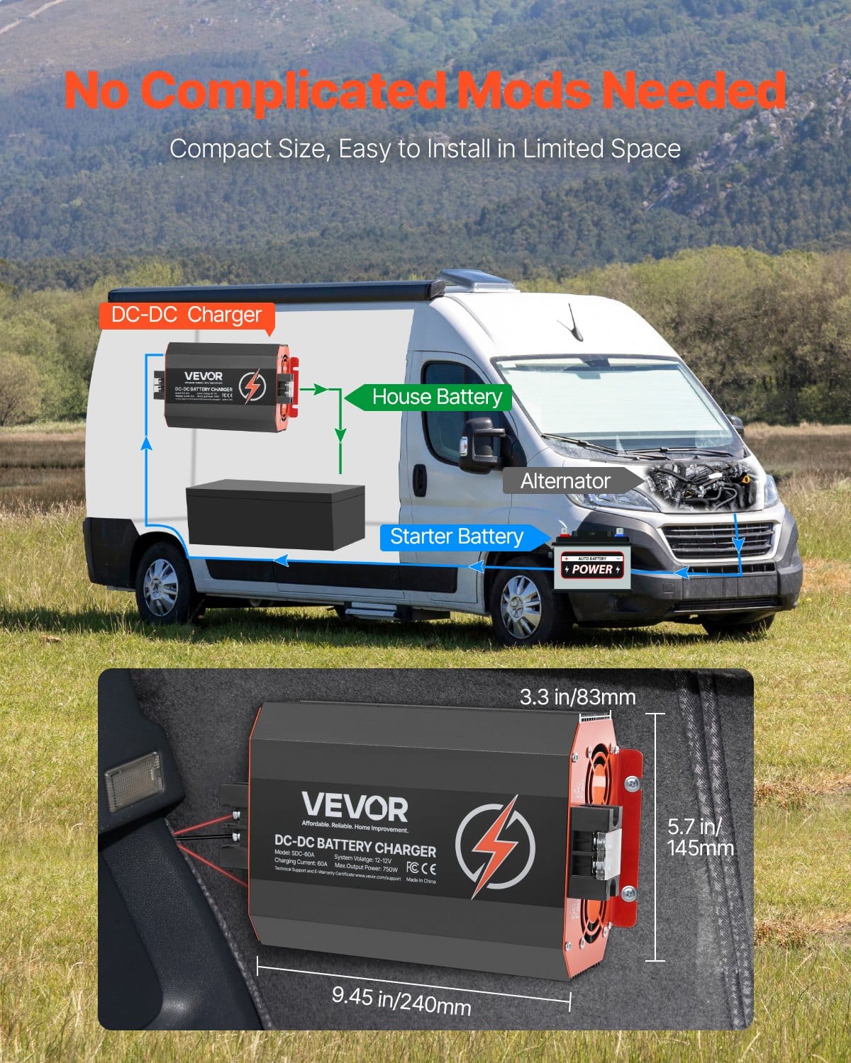 VEVOR 12V 60A DC to DC Battery Charger, 750W, Smart Multi-Stage On-Board Charger for Lithium & Lead-Acid Batteries, for RV/Boat/Truck - Image 6
