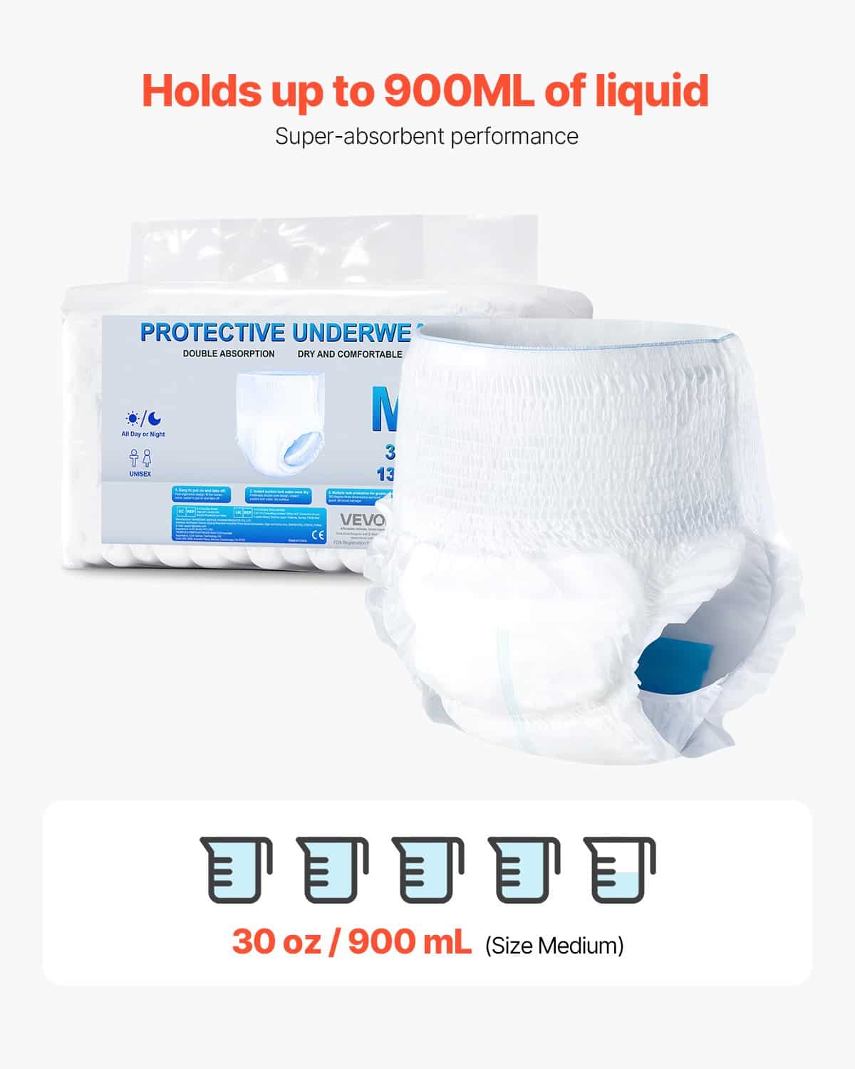 VEVOR Disposable Adult Pull-Up Diapers M Size, Unisex Incontinence Underwear with Leakproof Cuffs & Wetness Indicator, 64 pcs — изображение 2