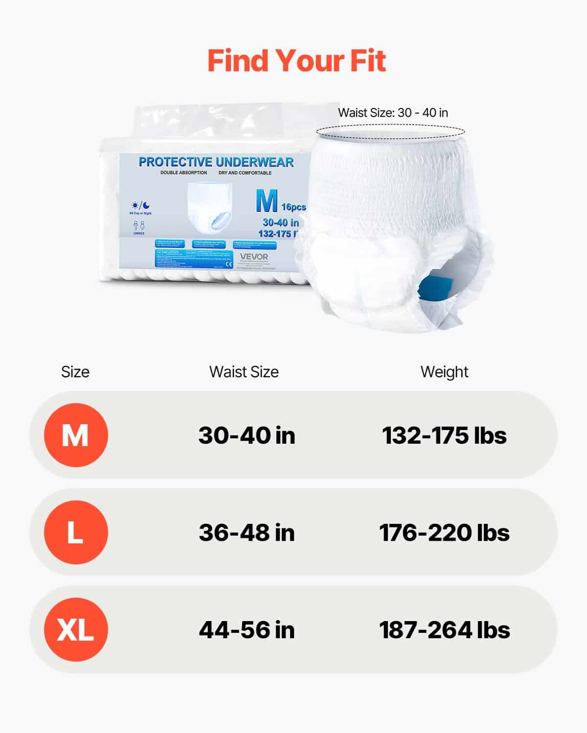 VEVOR Disposable Adult Pull-Up Diapers M Size, Unisex Incontinence Underwear with Leakproof Cuffs & Wetness Indicator, 64 pcs — изображение 7