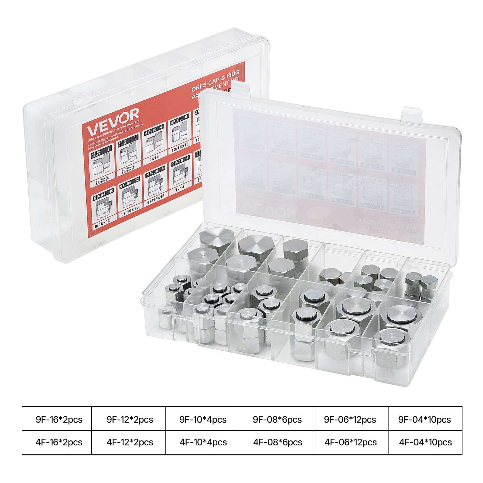 VEVOR 72-Piece ORFS Hydraulic Fitting Kit, O-Ring Face Seal Caps & Plugs Set, Sizes 4 srequ16, Precision Thread, Steel, Corrosion-Resistant