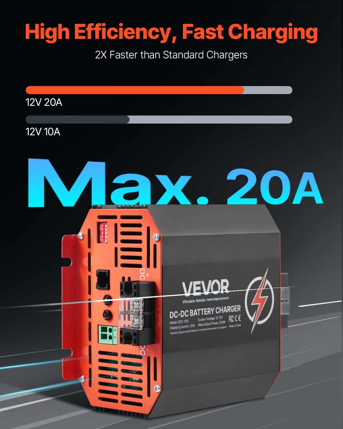 VEVOR 12V 20A DC to DC 250W Battery Charger for Lead-Acid & Lithium Batteries, Smart Multi-Stage Charging for RVs, Boats, Trucks - Image 2