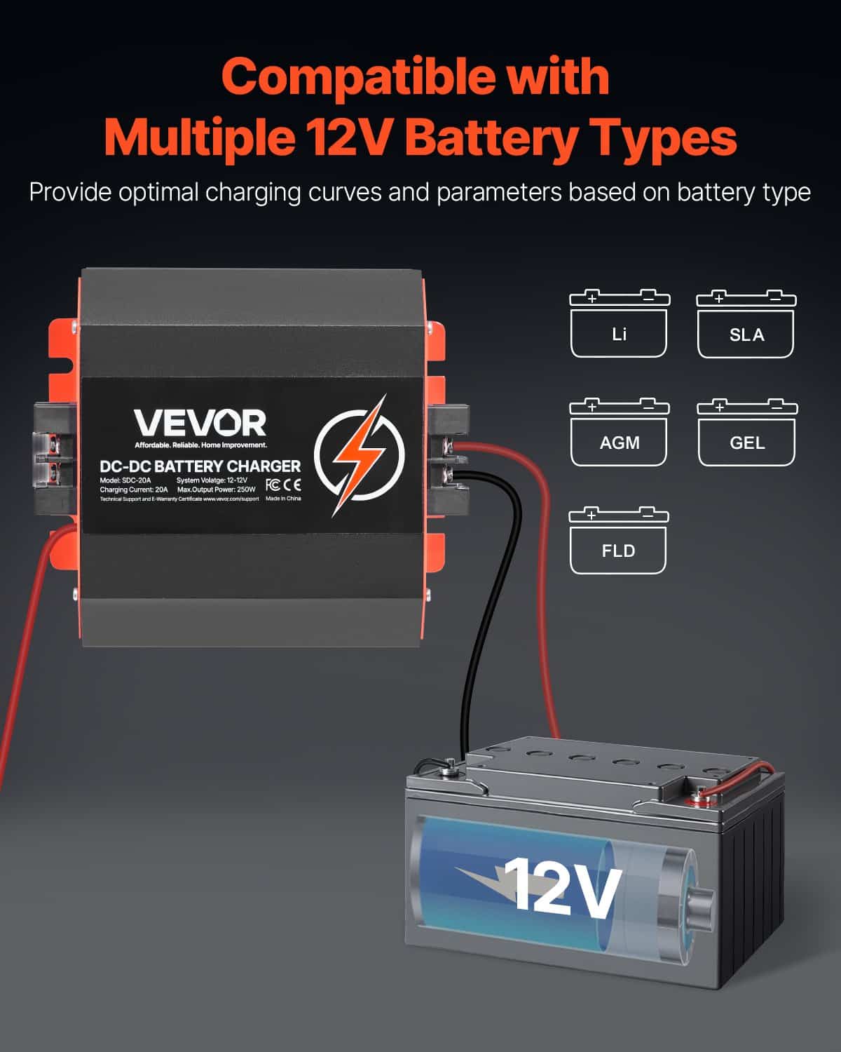 VEVOR 12V 20A DC to DC 250W Battery Charger for Lead-Acid & Lithium Batteries, Smart Multi-Stage Charging for RVs, Boats, Trucks - Image 4