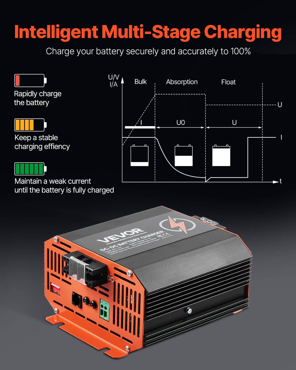 VEVOR 12V 20A DC to DC 250W Battery Charger for Lead-Acid & Lithium Batteries, Smart Multi-Stage Charging for RVs, Boats, Trucks - Image 5