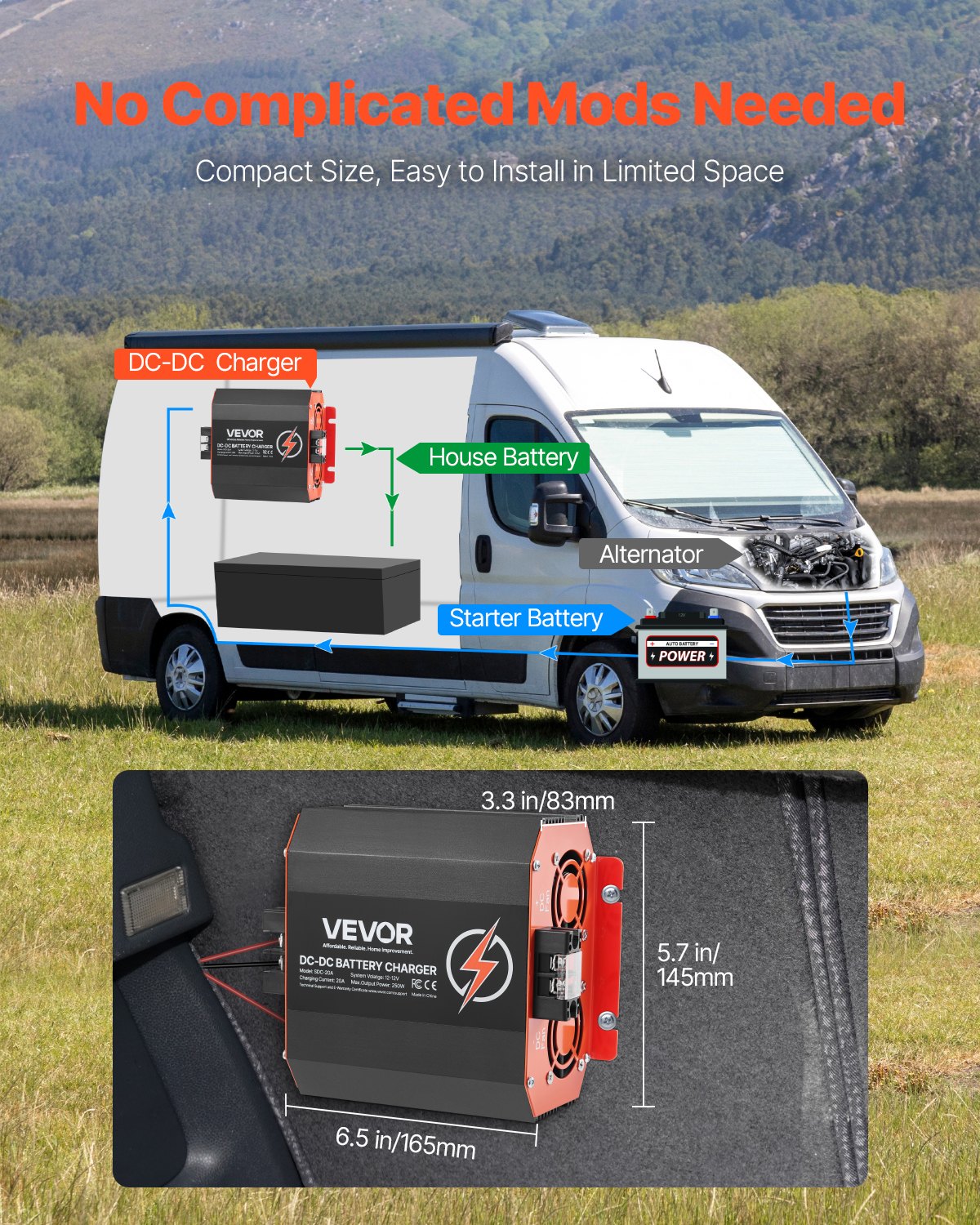 VEVOR 12V 20A DC to DC 250W Battery Charger for Lead-Acid & Lithium Batteries, Smart Multi-Stage Charging for RVs, Boats, Trucks - Image 6