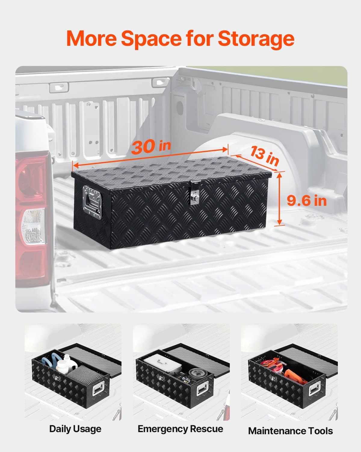 VEVOR Heavy Duty Aluminum Truck Tool Box 762x330x244mm, Lockable Waterproof Storage Chest for Pickup, RV, Trailer - Black - Pilt 2