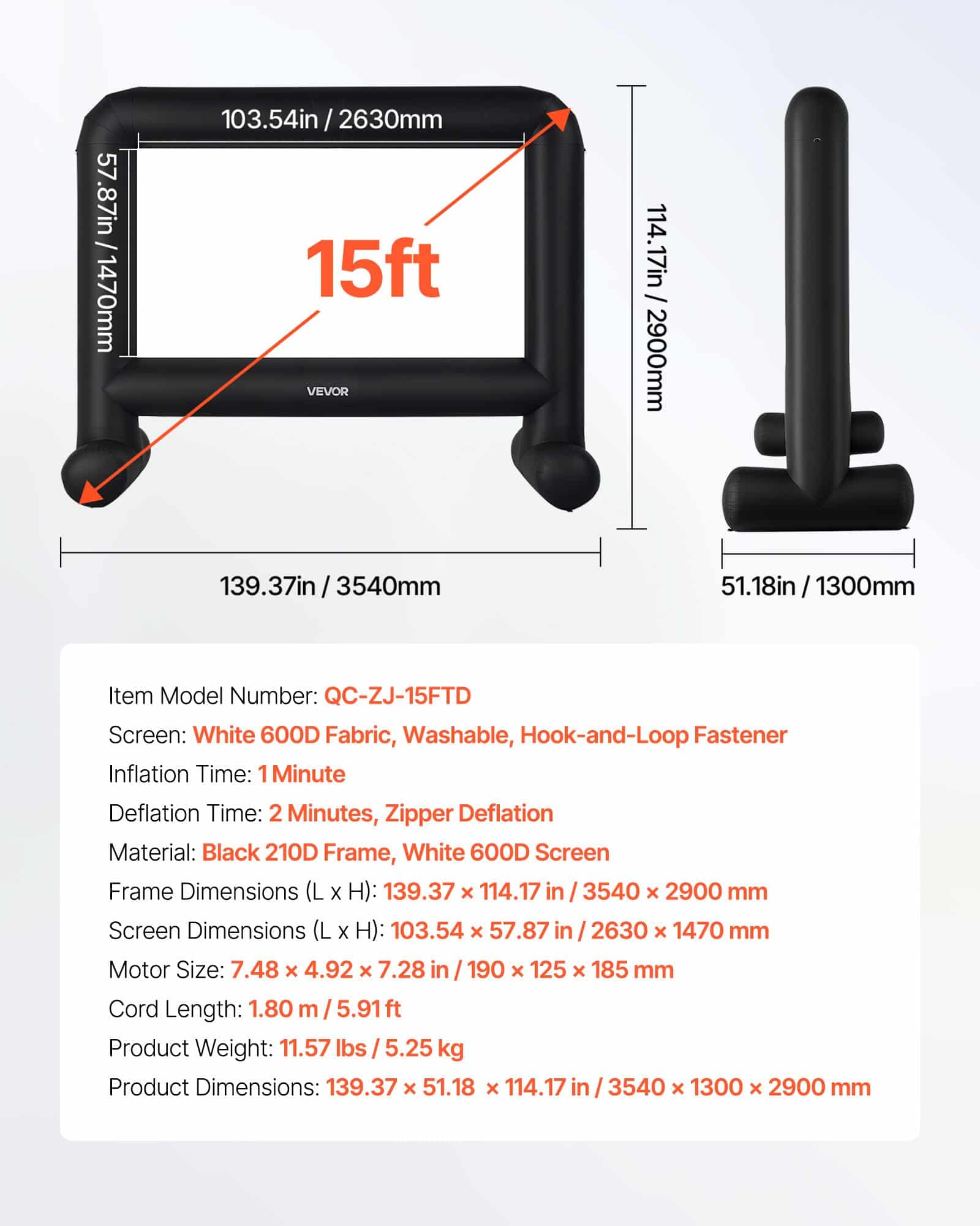 VEVOR 4.6 m Inflatable Outdoor Movie Screen, 600D Oxford Fabric, Quiet Blower, 16:9 Projection with Storage Bag — attēls 7