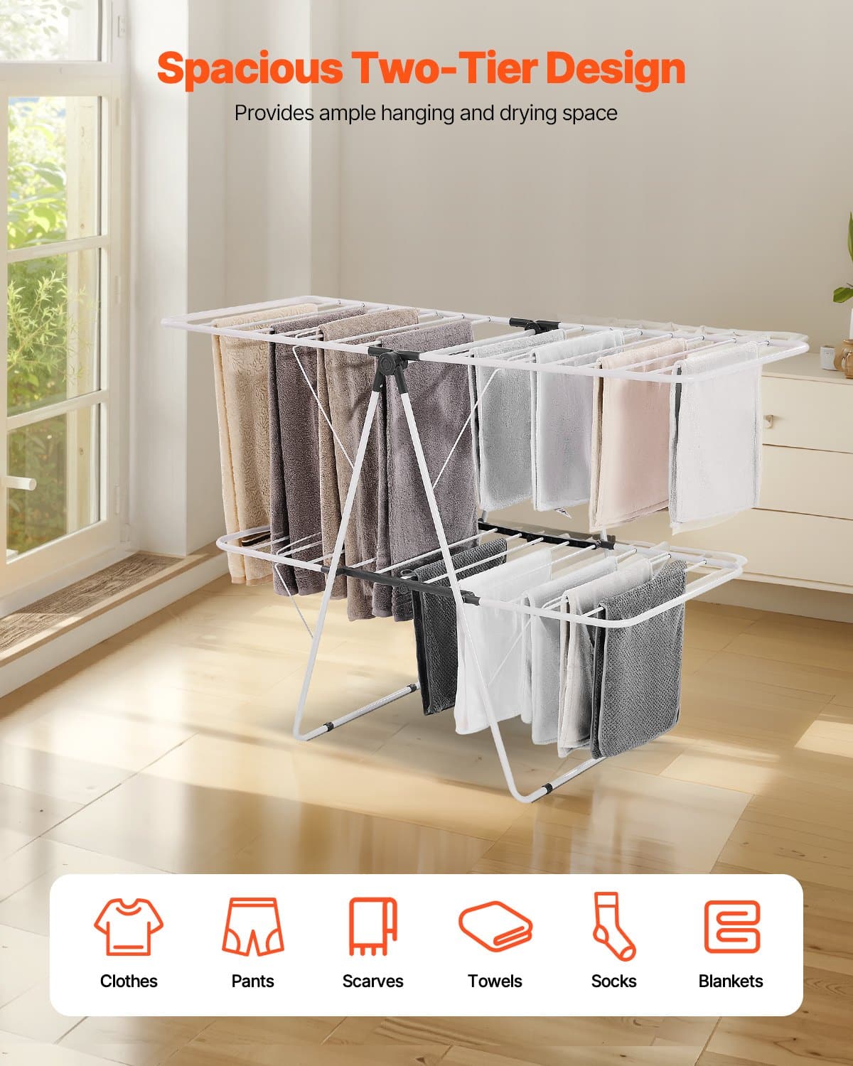 VEVOR Foldable 2-Tier Clothes Drying Rack, Adjustable Height 114–133 cm, 31 Rods, Sock Clips, Indoor/Outdoor, White – Paveikslėlis 2