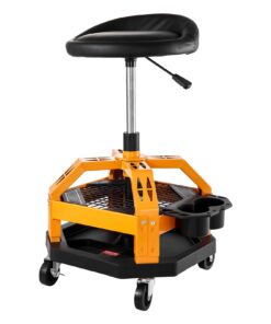 VEVOR Adjustable Rolling Shop Stool with Backrest, 136 kg Capacity, 360° Swivel, Tool Trays, for Garage & Workshop