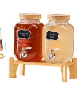 VEVOR 2-Pack 3.8L Glass Beverage Dispensers with Wood Stand, Stainless Steel Spigots & Infusers for Parties