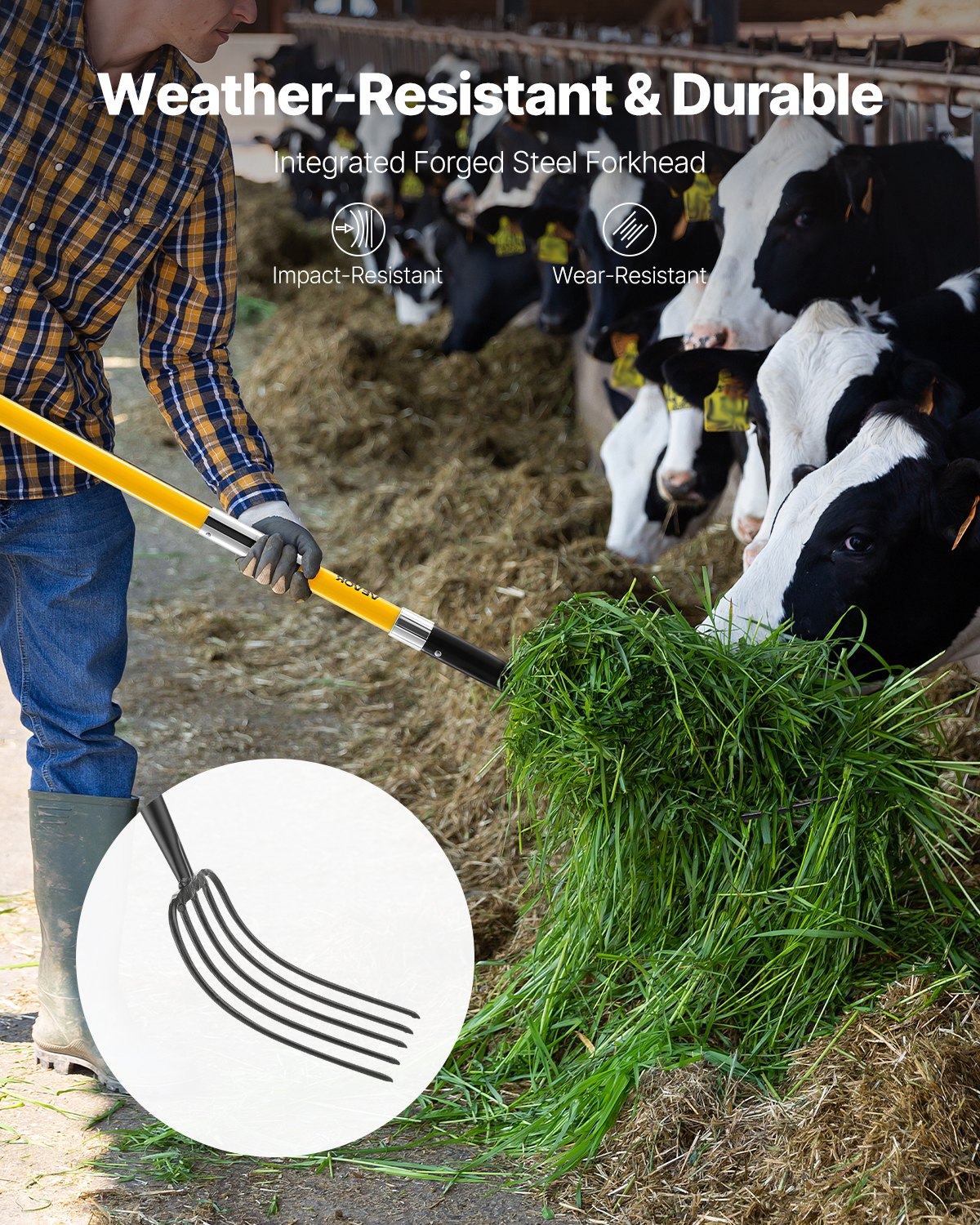 VEVOR 145 cm 5-Tine Garden Pitchfork with Fiberglass Handle, Heavy-Duty Fork for Hay, Compost, Potatoes, Aeration, Y Grip - Pilt 2