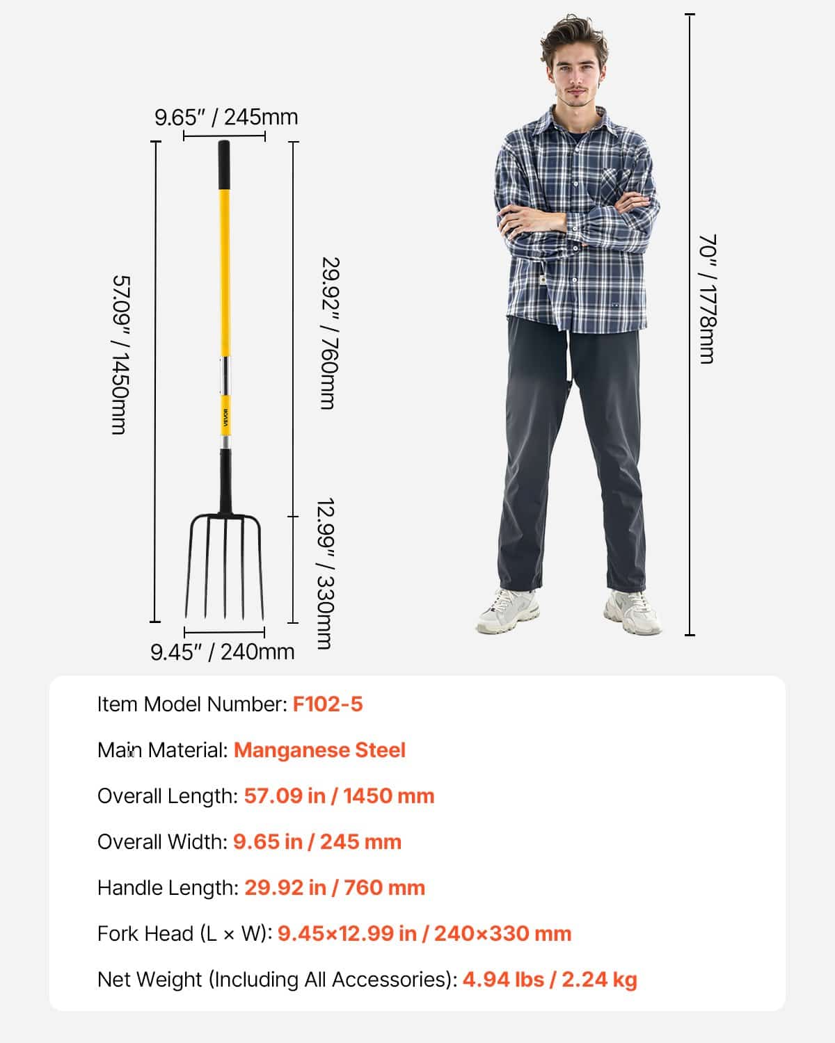 VEVOR 145 cm 5-Tine Garden Pitchfork with Fiberglass Handle, Heavy-Duty Fork for Hay, Compost, Potatoes, Aeration, Y Grip - Pilt 7