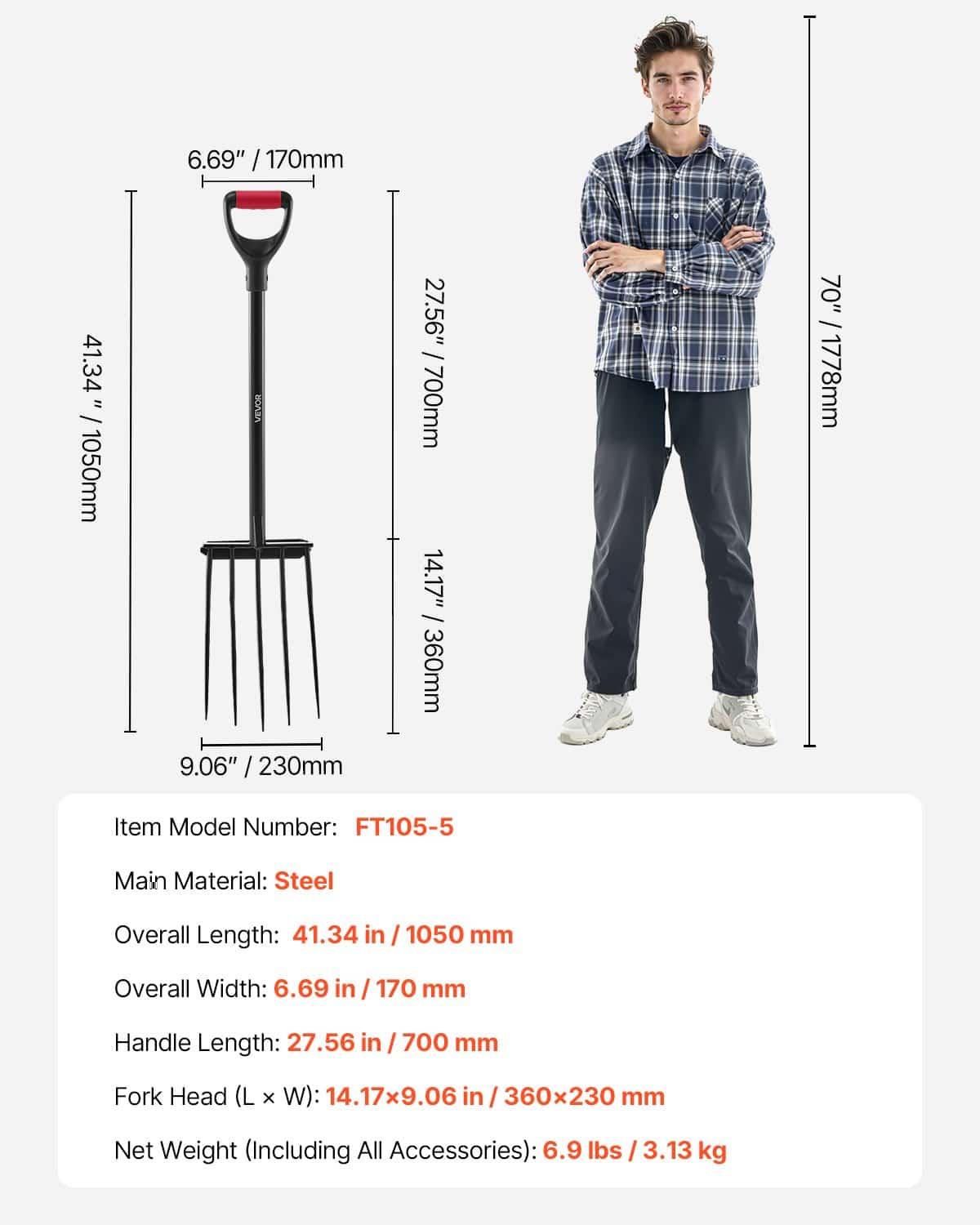 VEVOR 104 cm Garden Fork, 5-Tine Forged Steel Digging Fork with Metal Y Handle for Compost, Potatoes, Aeration, Transplanting - Pilt 7