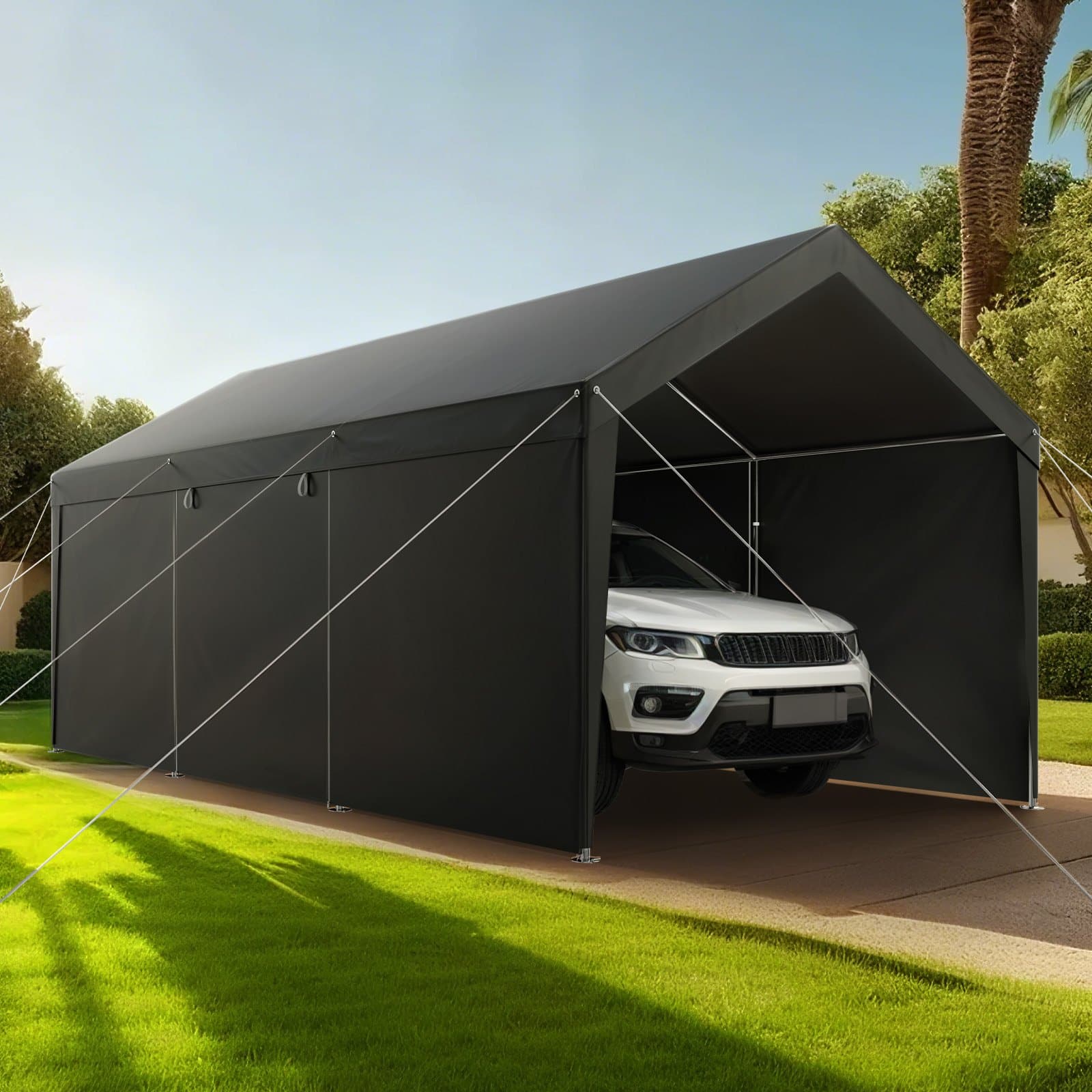 VEVOR 3.7x6m Heavy Duty Carport Canopy with Removable Sidewalls & Door, UV & Water-Resistant Shelter for Car or Boat, Grey - Pilt 8
