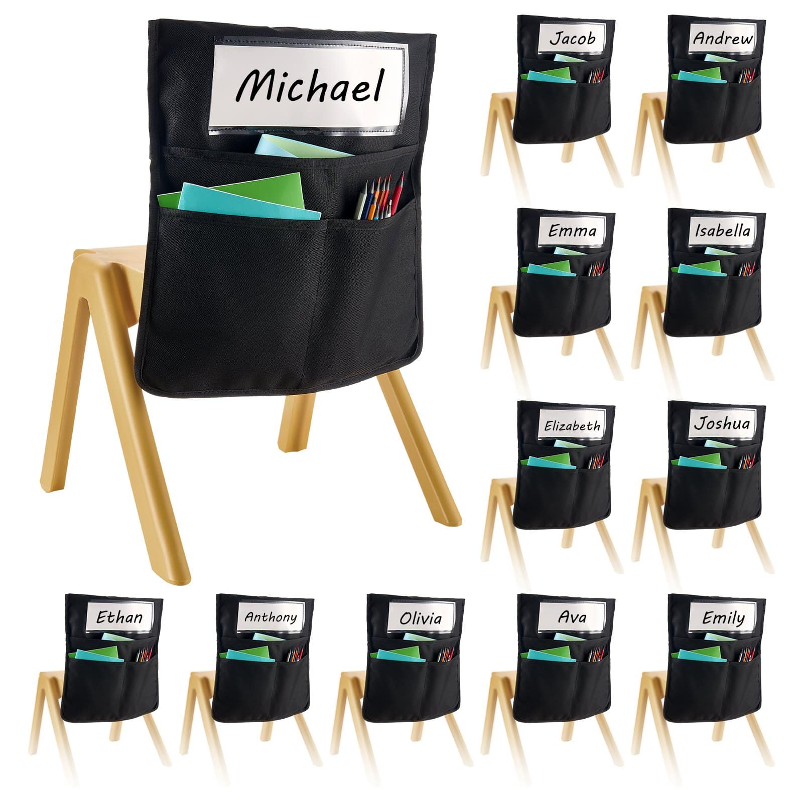 VEVOR 12-Pack Classroom Chair Pockets, 45x51cm Back-of-Chair Organizers with Name Tags for Schools, Home & Kindergarten, Black