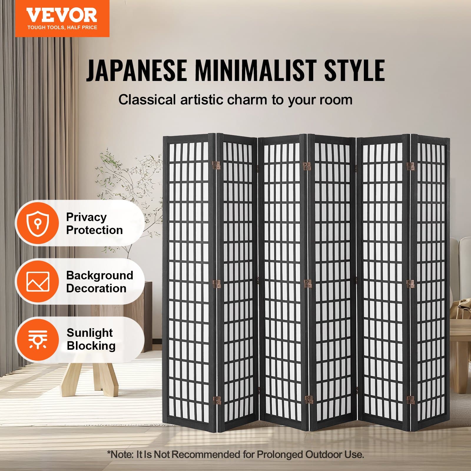 VEVOR 6-Panel Japanese Style Folding Room Divider, 241 cm Wooden Privacy Screen for Home, Office, Bedroom & Restaurant - Black - Image 2