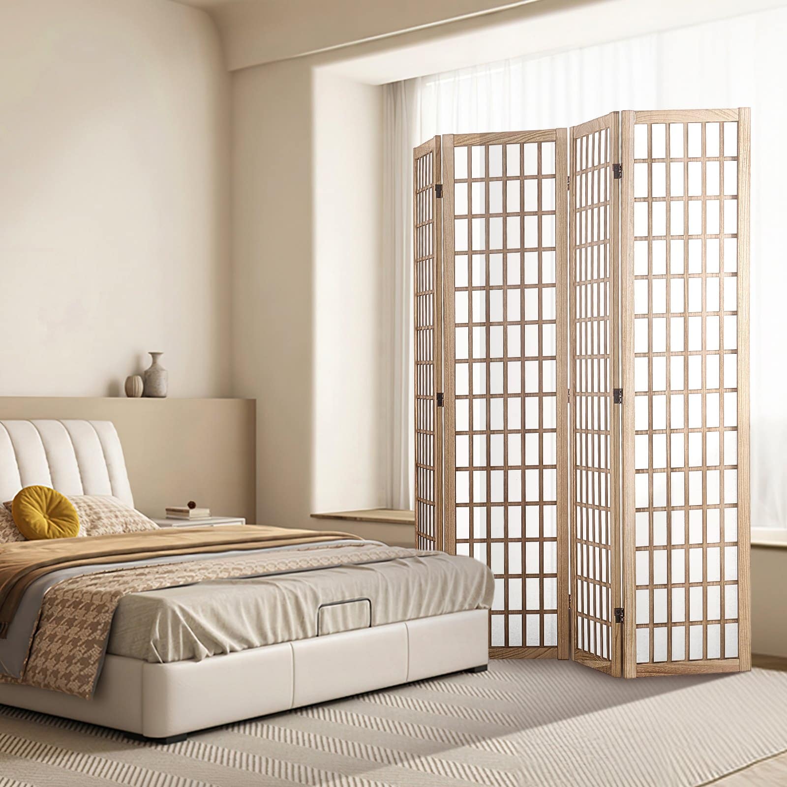 VEVOR 4-Panel Japanese Folding Room Divider, 163 cm Wooden Privacy Screen with Fabric Panels for Home, Office & Bedroom - Natural - Image 8