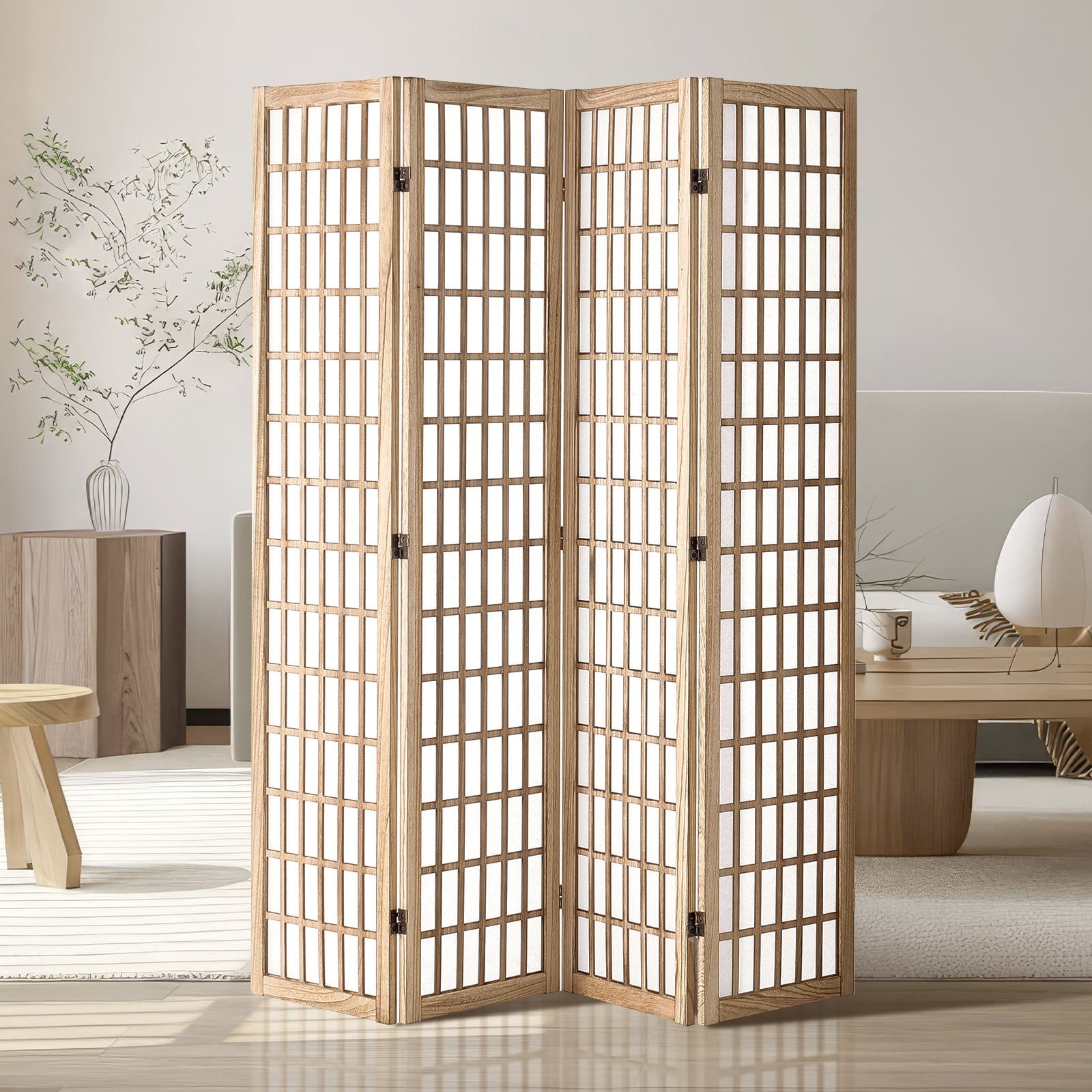 VEVOR 4-Panel Japanese Folding Room Divider, 163 cm Wooden Privacy Screen with Fabric Panels for Home, Office & Bedroom - Natural