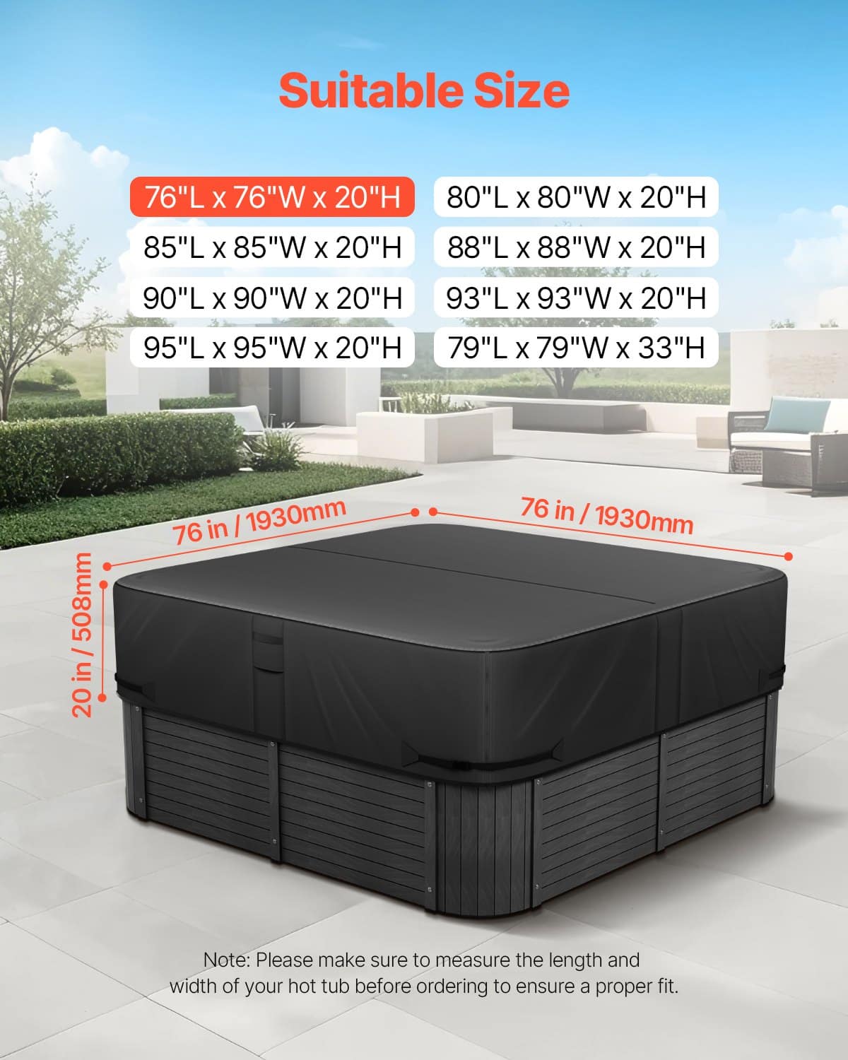 VEVOR 193x193x51cm Weatherproof Square Hot Tub Cover, Heavy-Duty 600D Oxford, Waterproof Spa Lid Protector, Black — изображение 2