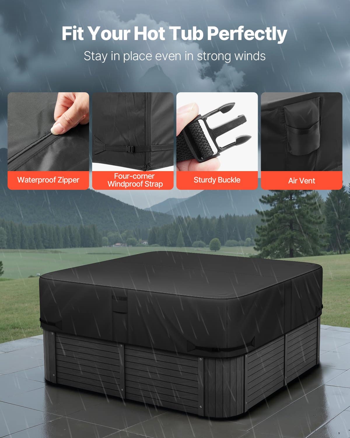 VEVOR 193x193x51cm Weatherproof Square Hot Tub Cover, Heavy-Duty 600D Oxford, Waterproof Spa Lid Protector, Black — изображение 5