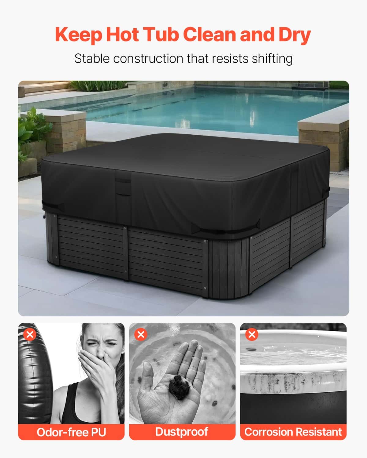 VEVOR 193x193x51cm Weatherproof Square Hot Tub Cover, Heavy-Duty 600D Oxford, Waterproof Spa Lid Protector, Black — изображение 6