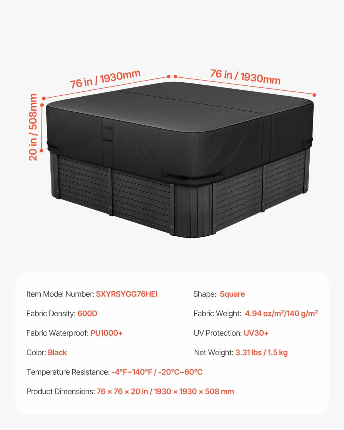 VEVOR 193x193x51cm Weatherproof Square Hot Tub Cover, Heavy-Duty 600D Oxford, Waterproof Spa Lid Protector, Black — изображение 7