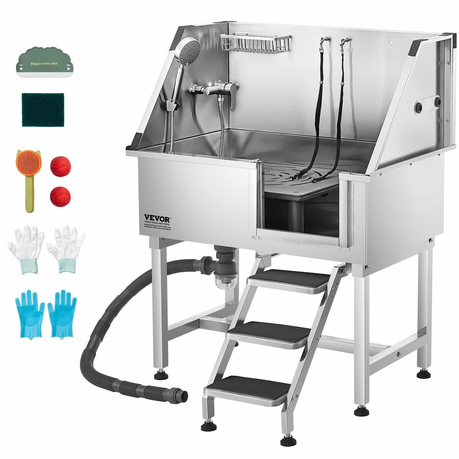 Ванна для ухода за домашними животными из нержавеющей стали VEVOR 96,5 см с горячим и холодным краном, душевой насадкой и нескользящей лестницей для домашних животных малого и среднего размера