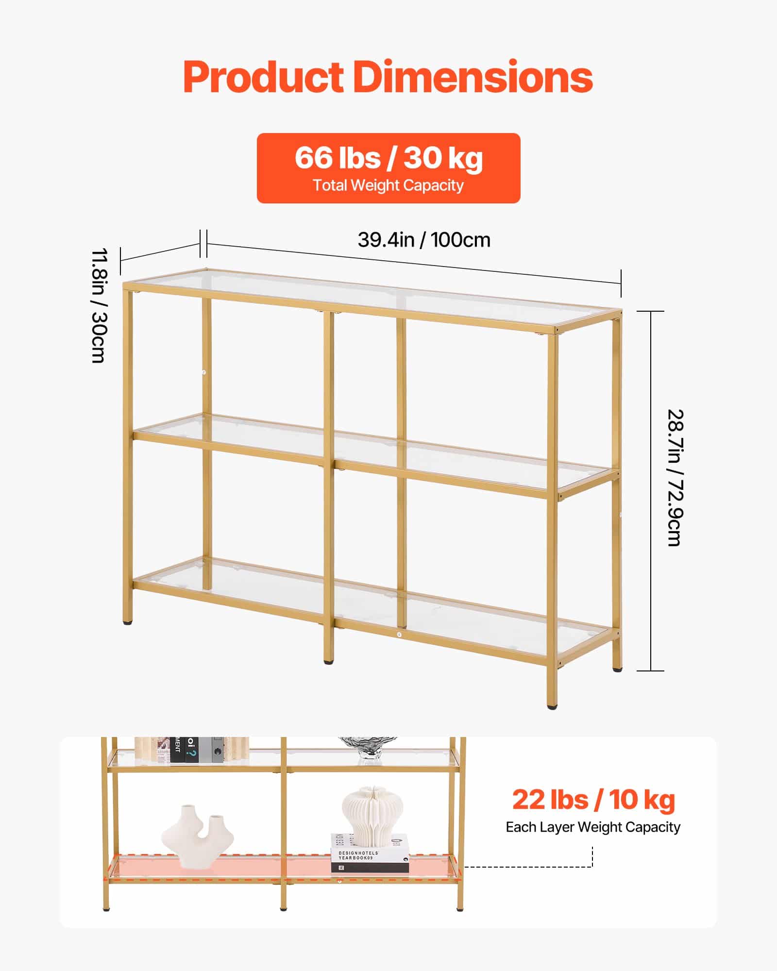 VEVOR 3-Tier Glass Console Table, Golden Iron Frame, Tempered Glass Shelves, Anti-Tip, for Entryway, Hallway, Living Room - Image 3