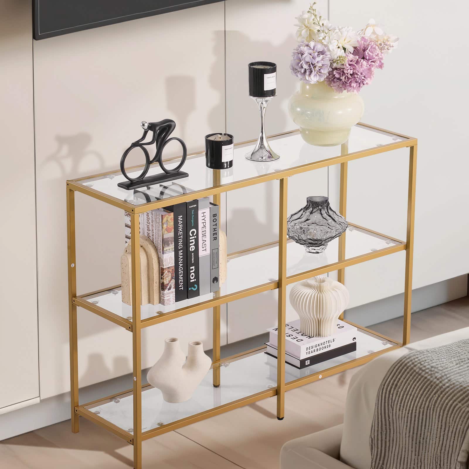 VEVOR 3-Tier Glass Console Table, Golden Iron Frame, Tempered Glass Shelves, Anti-Tip, for Entryway, Hallway, Living Room - Image 8