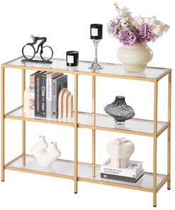 VEVOR 3-ярусный стеклянный консольный стол, золотой металлический каркас, закалённое стекло, защита от опрокидывания, для прихожей, гостиной