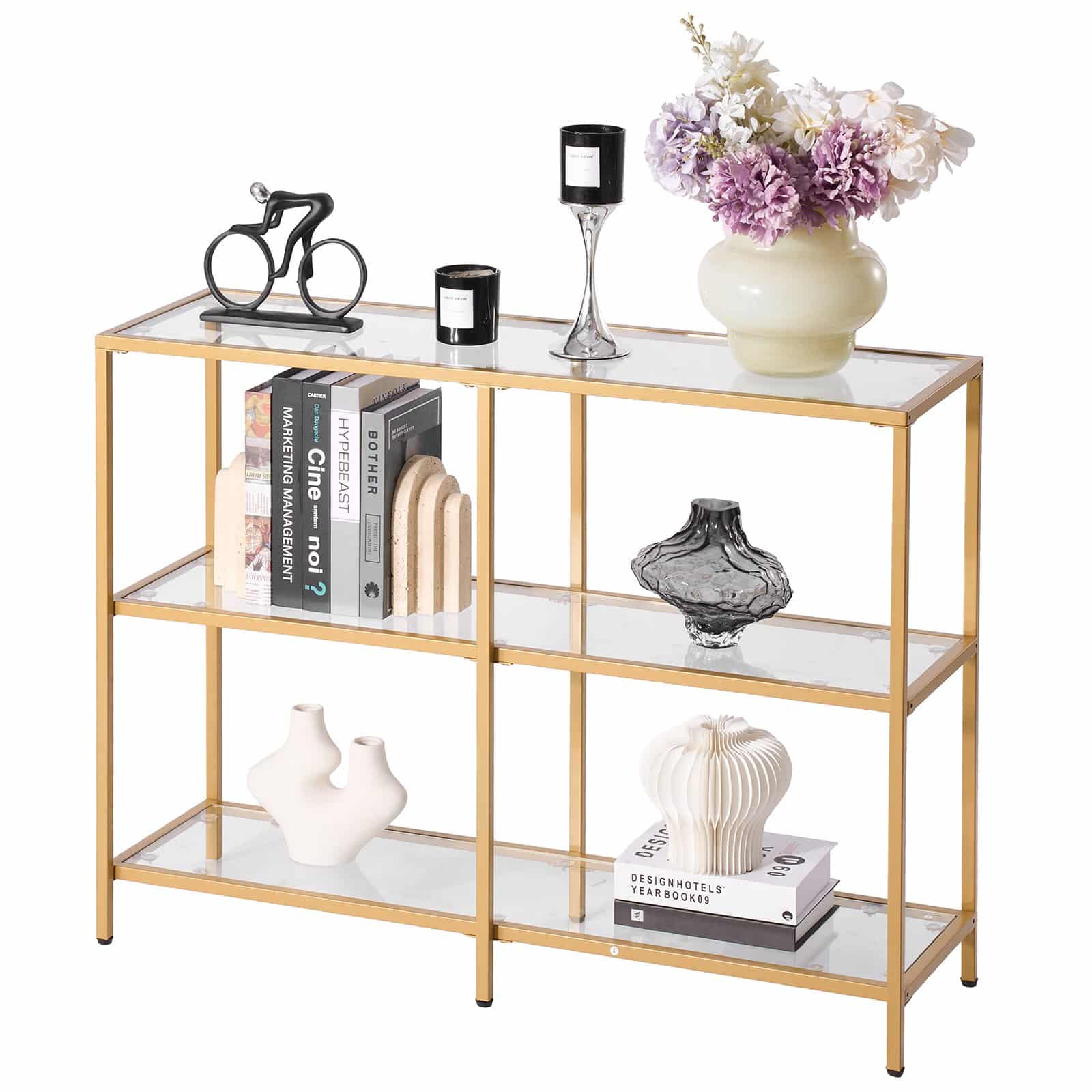 VEVOR 3-Tier Glass Console Table, Golden Iron Frame, Tempered Glass Shelves, Anti-Tip, for Entryway, Hallway, Living Room