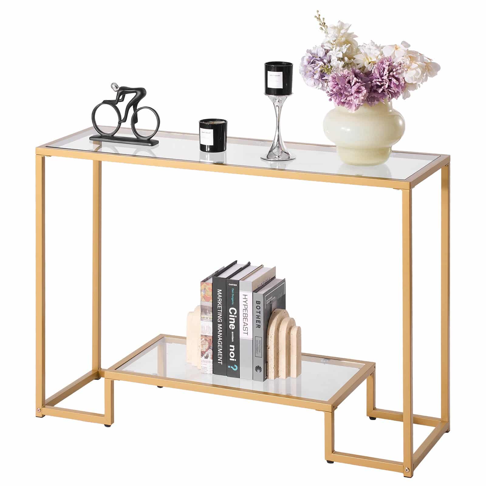 VEVOR 2-Tier Glass Console Table with Golden Iron Frame, Tempered Glass Shelves, Anti-Tip, for Living Room, Hallway, 90x30x75cm