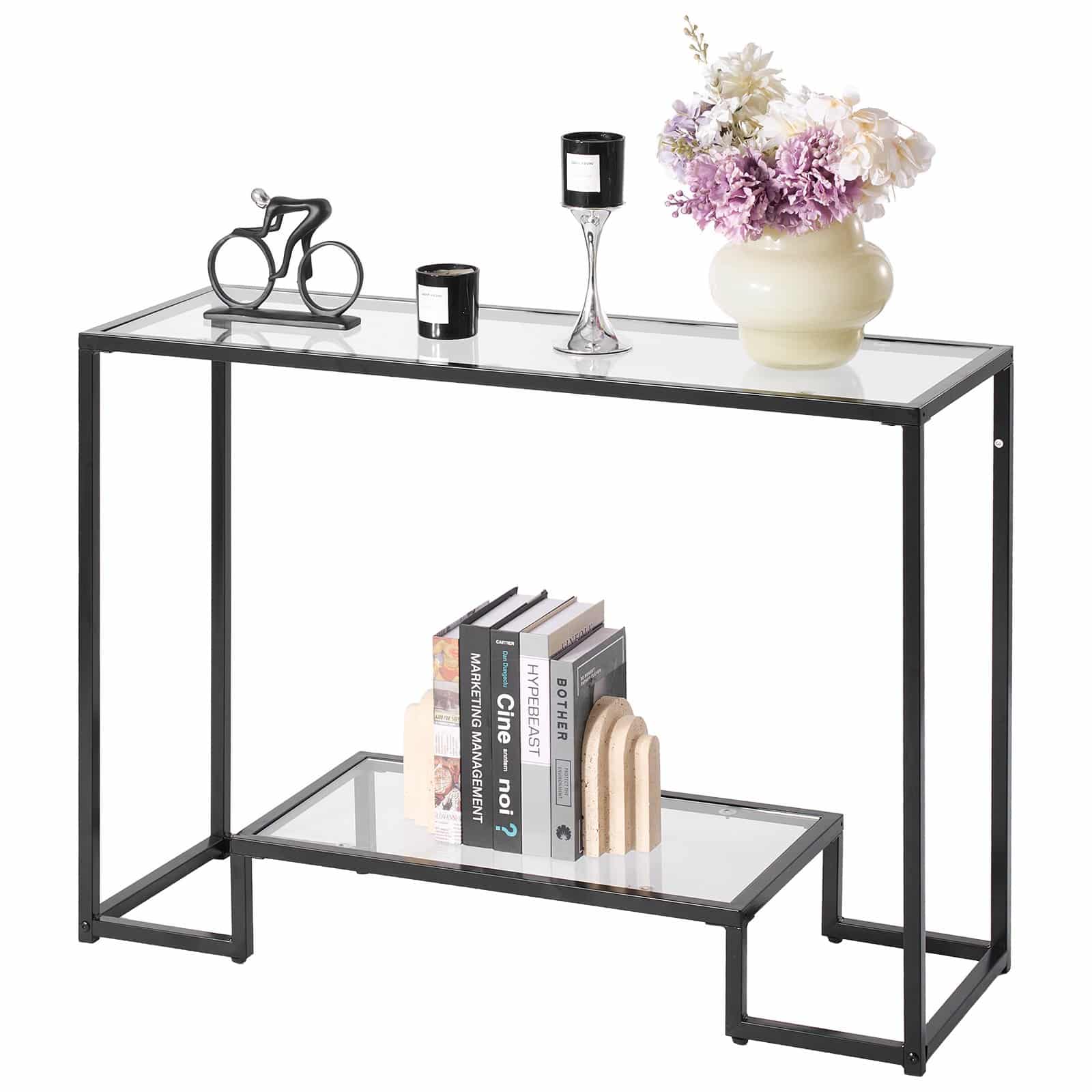 VEVOR 2-Tier Glass Console Table with Iron Frame, 5mm Tempered Glass, Anti-Tip Device, for Living Room, Hallway, Black/Gold