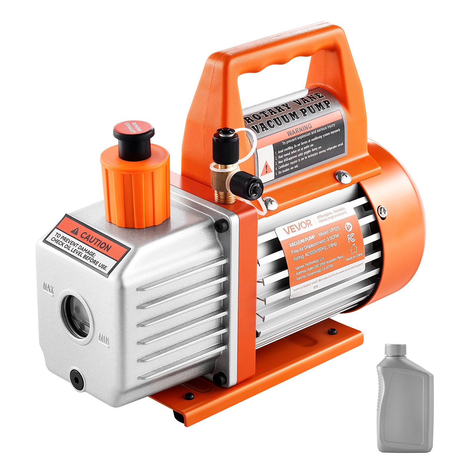 VEVOR HVAC Vacuum Pump 100 L/min, 5 Pa, Single-Stage Rotary Vane with Oil Bottle, for R134a R22 R410a, Resin Degassing & AC Service