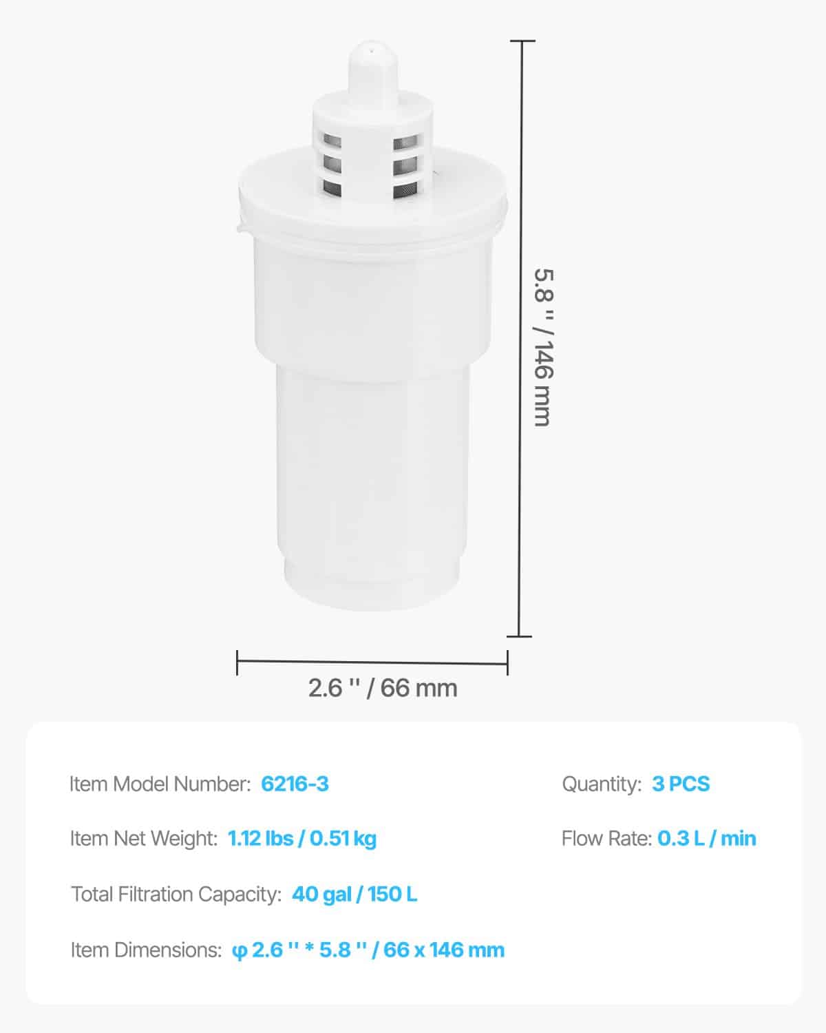 VEVOR 3-Pack 5-Stage Water Filter Replacements for Pitchers, BPA-Free, 3-Month Use or 151L, Reduces Limescale & Chlorine - Pilt 7