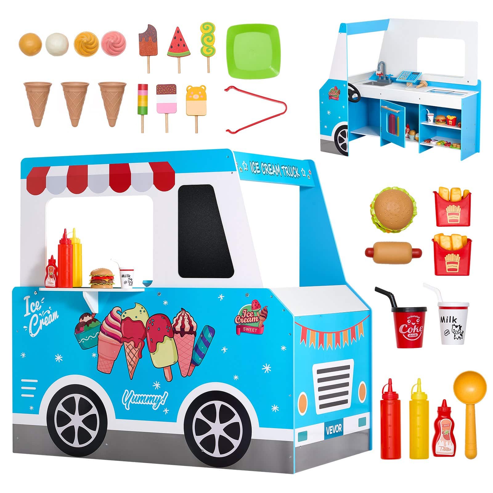 VEVOR Wooden Ice Cream Truck Playset for Kids 3–7, 25 PCS, Pretend Stand with Sink, Freezer, Chalkboard & Scanner
